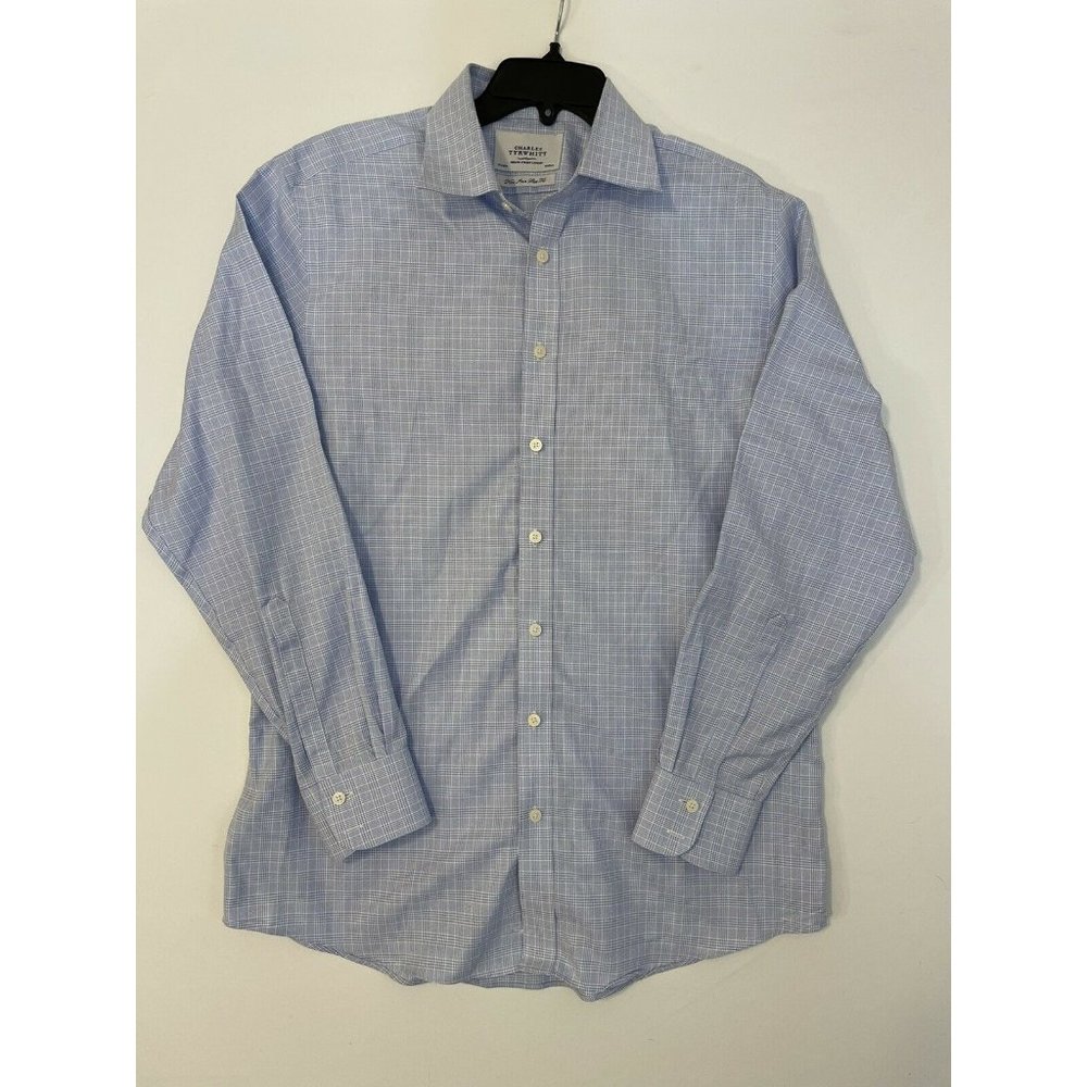 Charles Tyrwhitt Men Shirt Non Iron Slim Fit Blue Plaid 16.5-35